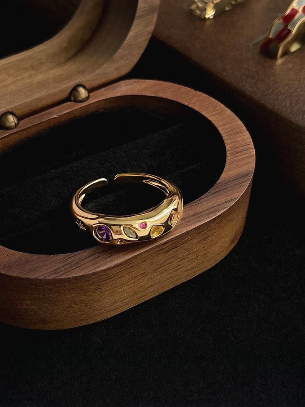 Vintage Multicolor Zircon Open Ring Gold Plated Adjustable Statement Aesthetic